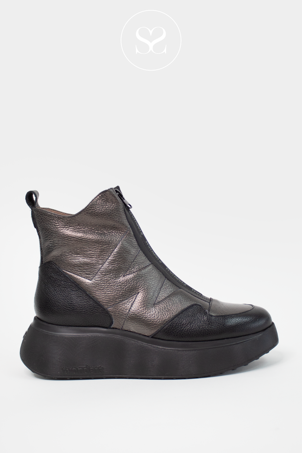 WONDERS A 3613 BLACK PEWTER LEATHER WEDGE ANKLE TRAINER BOOTS
