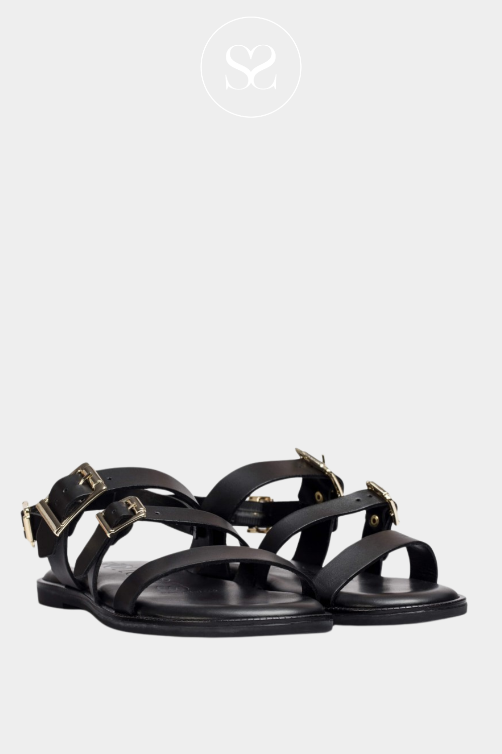 WONDERS AB-1340 BLACK LEATHER ADJUSTABLE BACK STRAP WITH GOLD BUCKLE DETAIL SANDALS