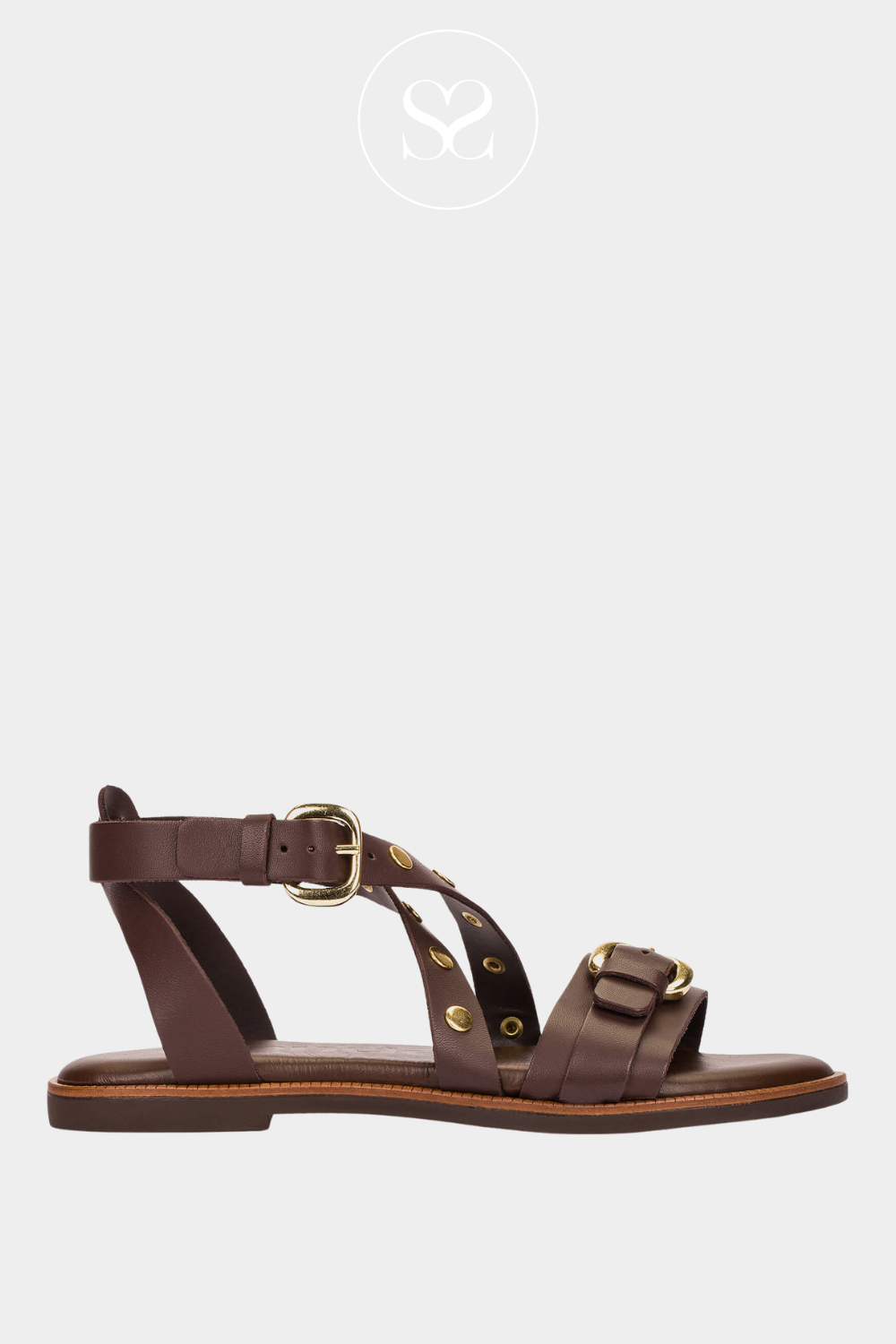 WONDERS AB1642 brown leather gladiator flat sandals with gold studs and adjustable buckle
