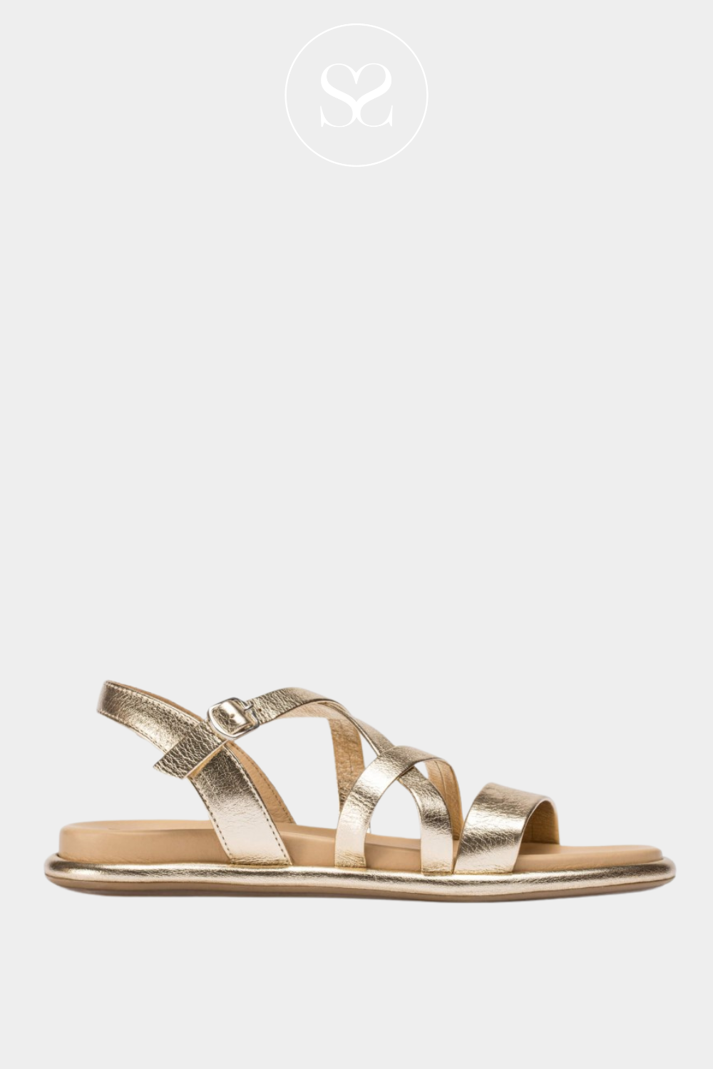 WONDERS AT-3402 GOLD LEATHER FLAT SANDALS WITH ADJUSTABLE ANKLE STRAP