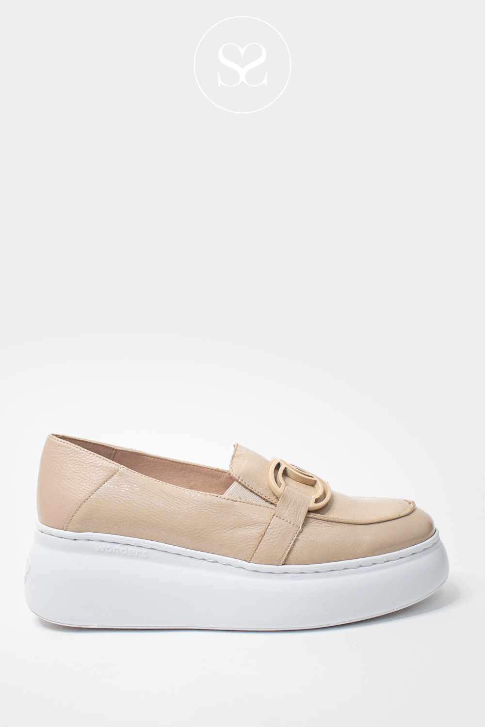 WONDERS A-2652 NUDE PATENT LEATHER FLATFORM WEDGE SLIP ON LOAFERS