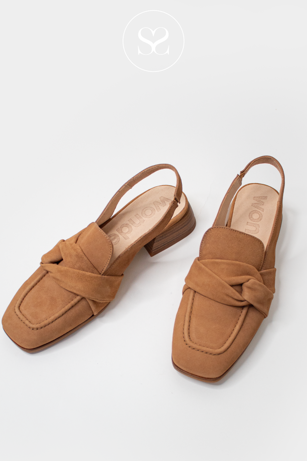 WONDERS C-7120 TAN SUEDE LOW HEEL SLINGBACK LOAFERS WITH BOW DETAIL