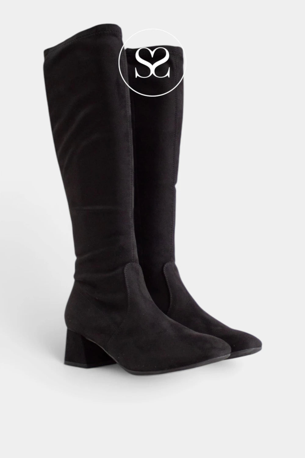 Wonders Black Suede Heeled Knee High Boots - G-5531