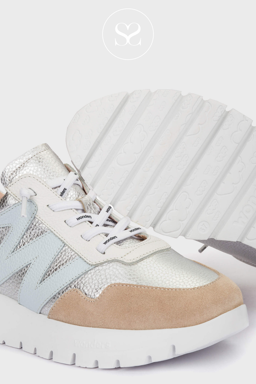 Wonders -24101 Beige and silver wedge lightweight trainers.