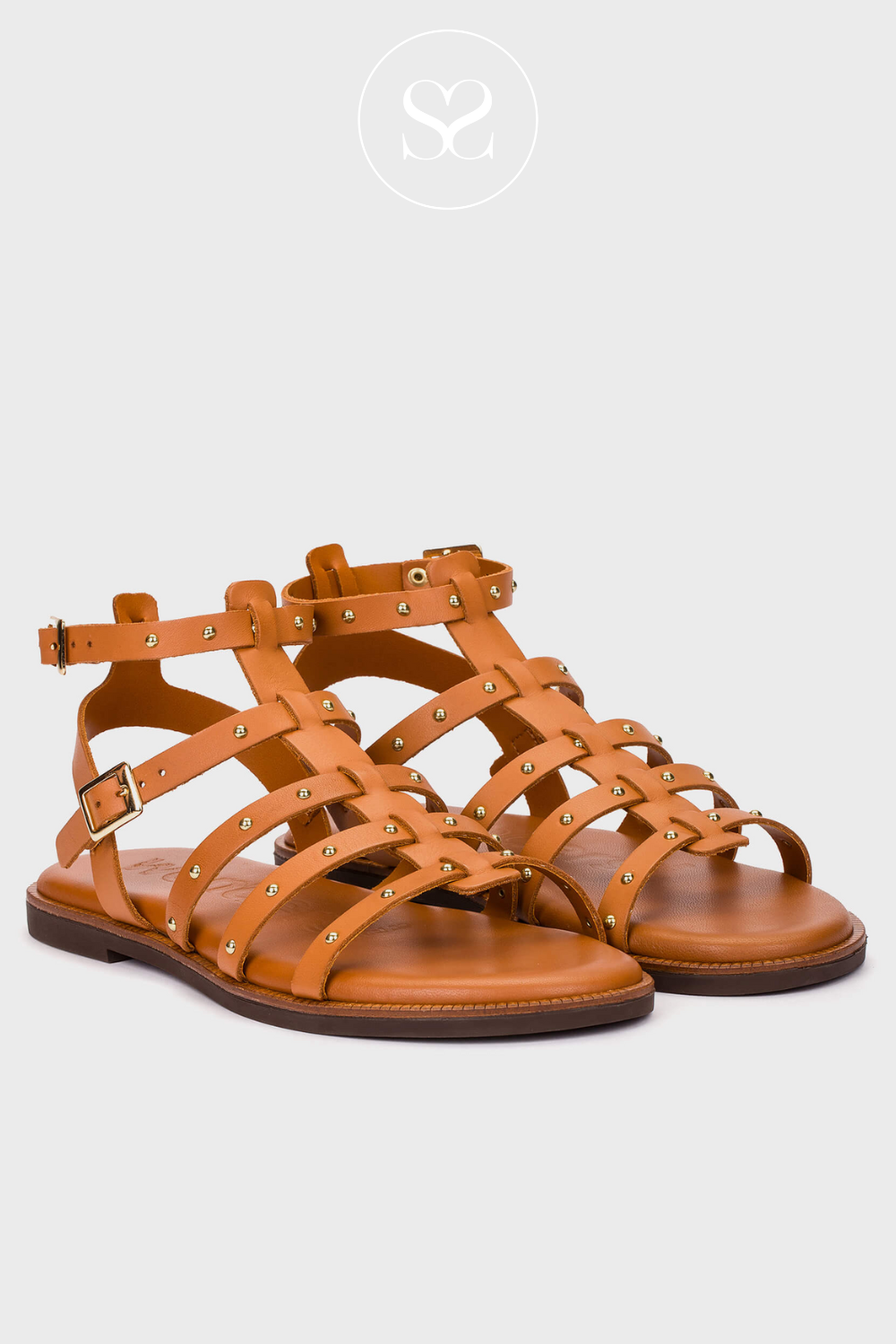 Wonders Tan leather studded gladiator flat sandals