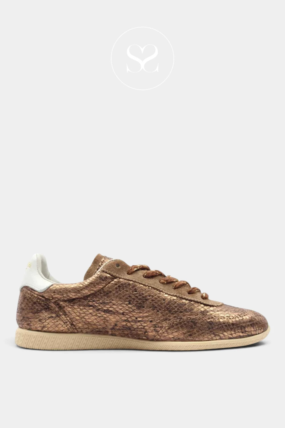 A single Another Trend low-top sneaker with a metallic bronze-brown snakeskin pattern, brown laces, a white heel tab, and a beige gum sole, shown against a light gray background.