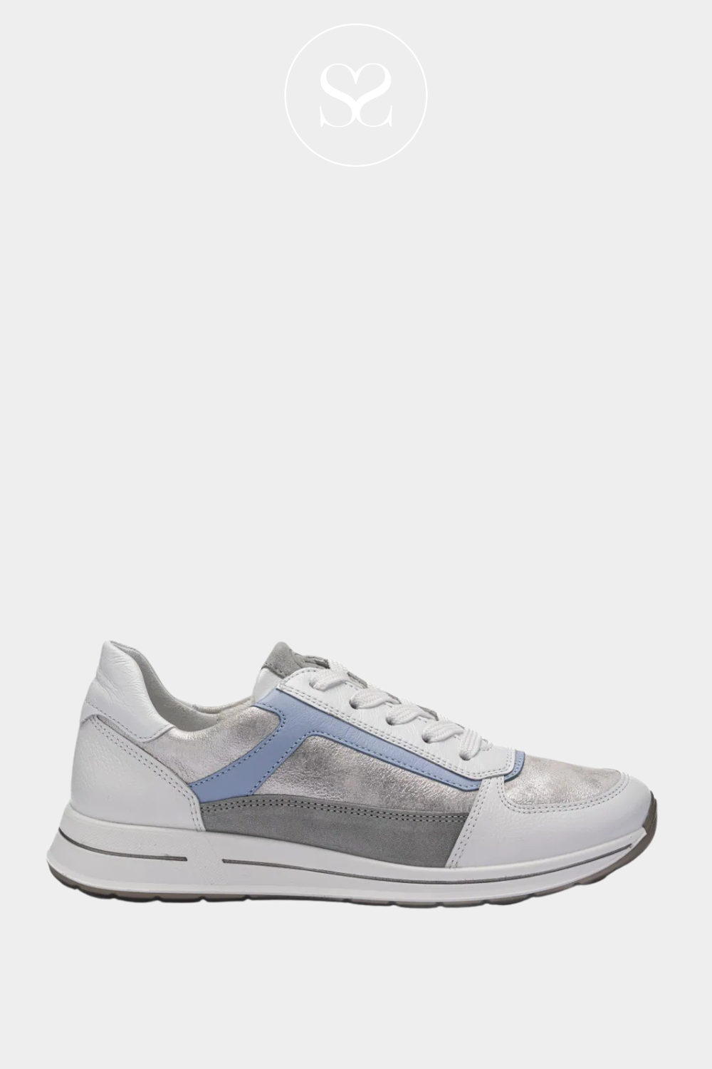 ARA walking trainers. Metallic silver and blue trainers with laces and side zip. Round toe, arch support, cushioned insole.