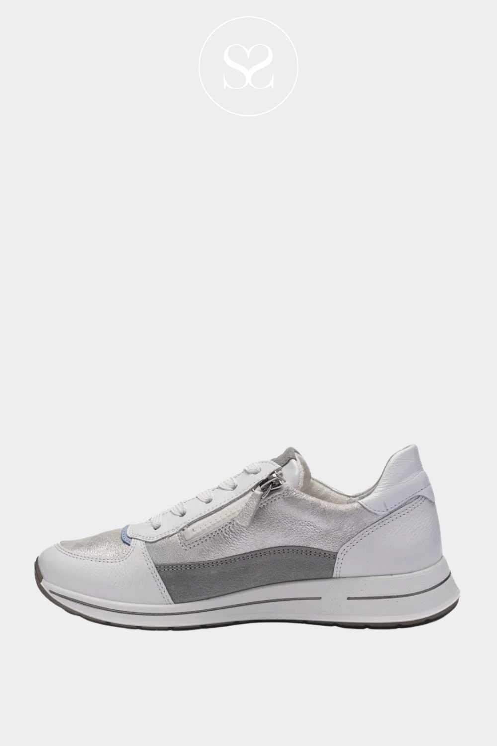 White, silver, blue trainers. Laces and side zip.Elevated arch support. Comfortable walking shoes. Wedge trainers. walking shoes