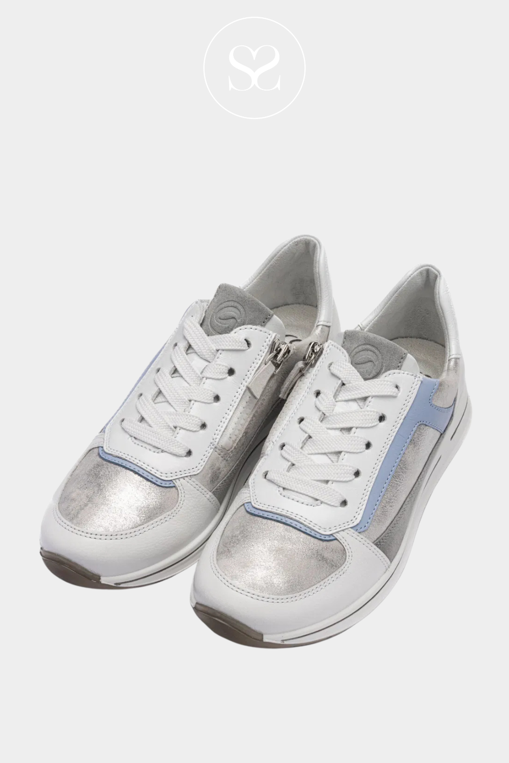 Pair of Ara walking shoes. Silver, white and blue everyday comfortable shoes.