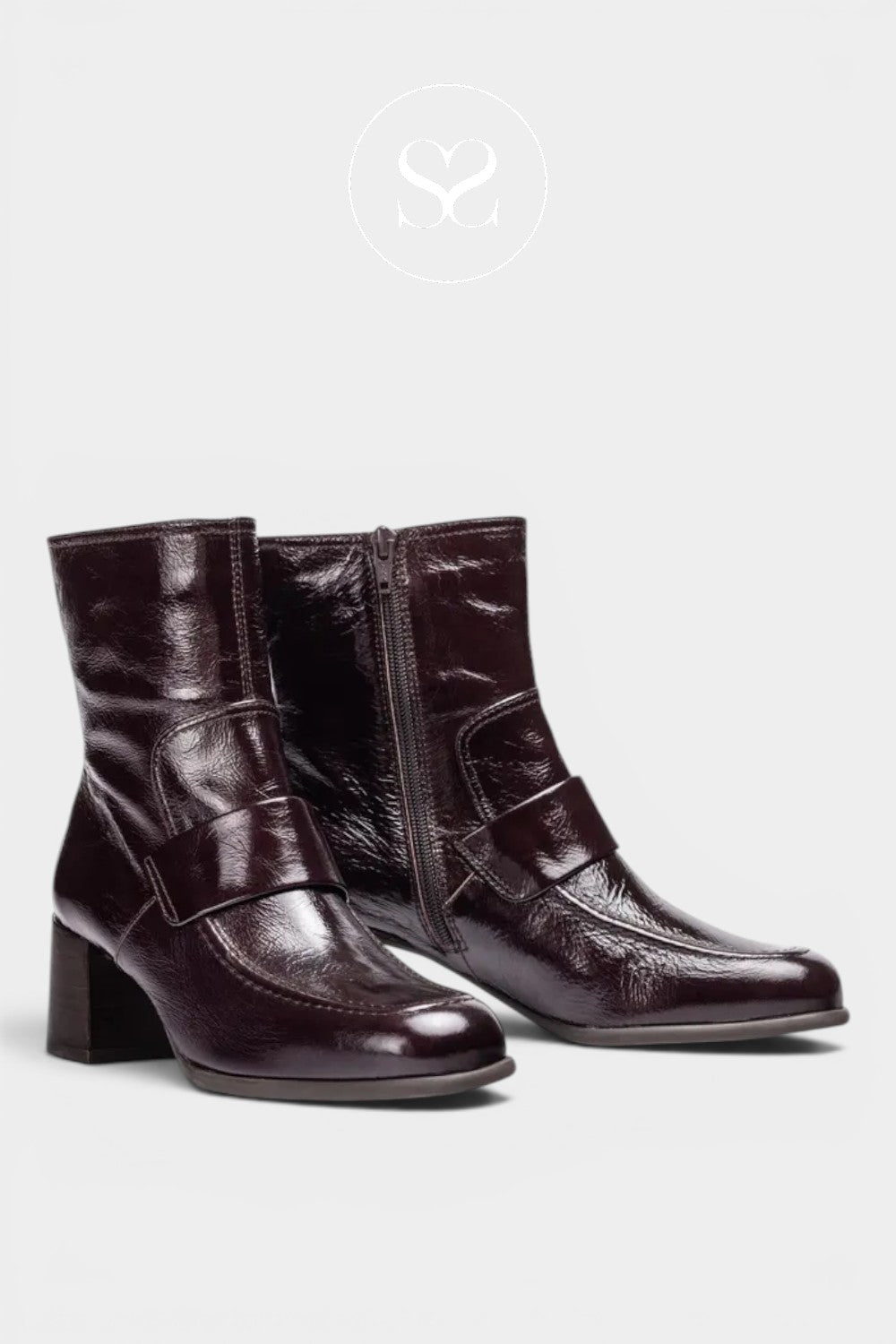 Unisa burgundy brown patent square toe ankle boots with side zip and high block heel. Comfortable everyday boots