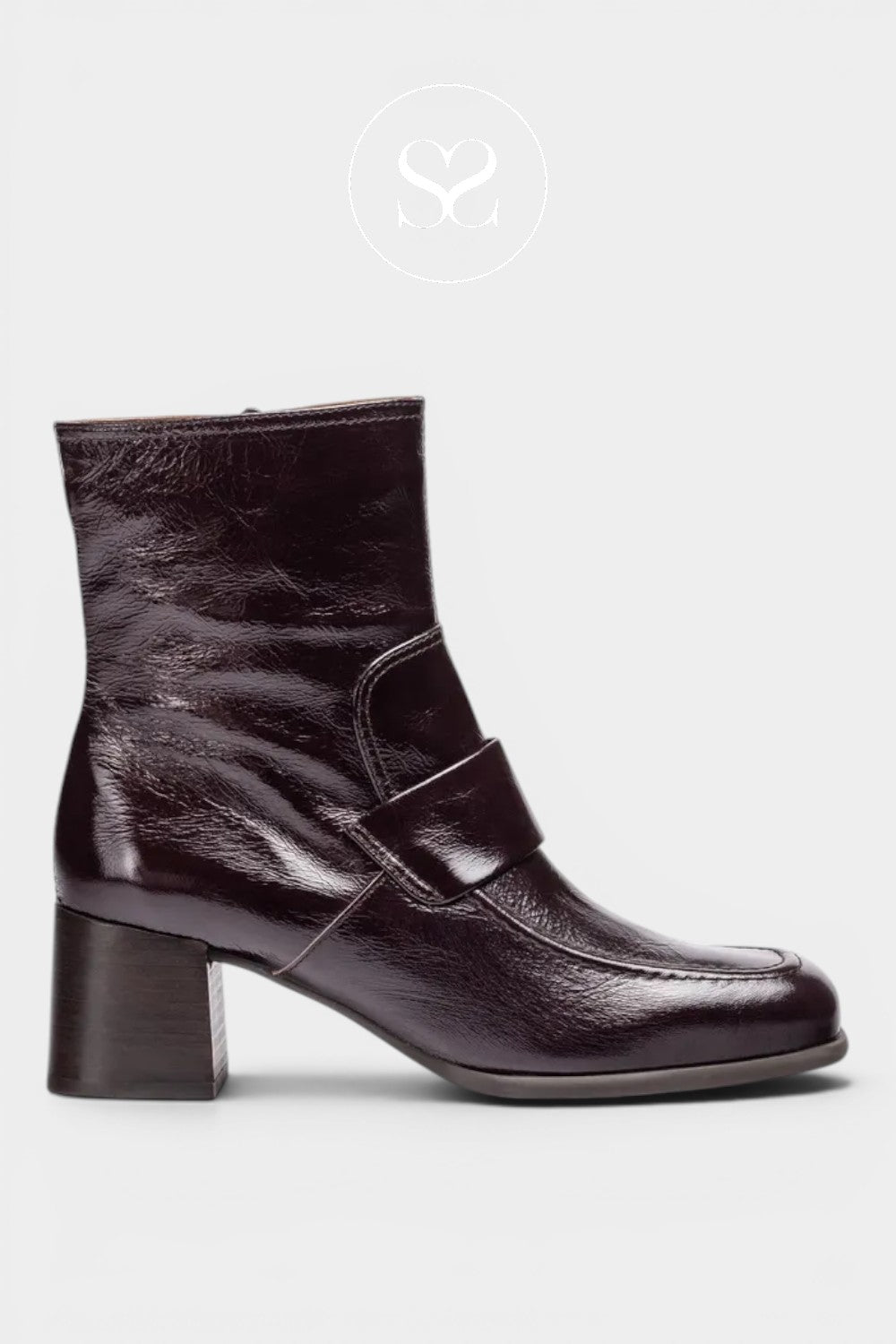 Unisa dark brown patent ankle boots with block heel and square toe. Workwear boots.