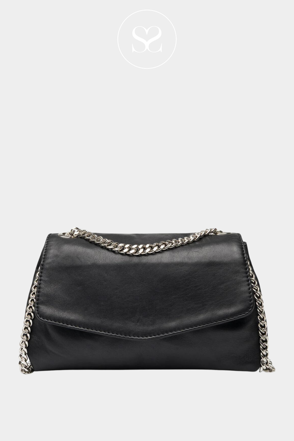 Black Leather Crossbody shoulder Bag with silver chain strap