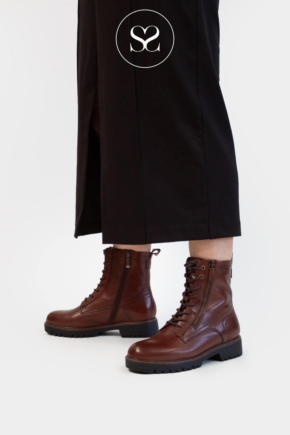 TAMARIS DARK BROWN LEATHER ANKLE BIKER BOOTS 1-25207-43 FOR WOMEN WITH BLOCK HEEL AND CHUNKY SOLE