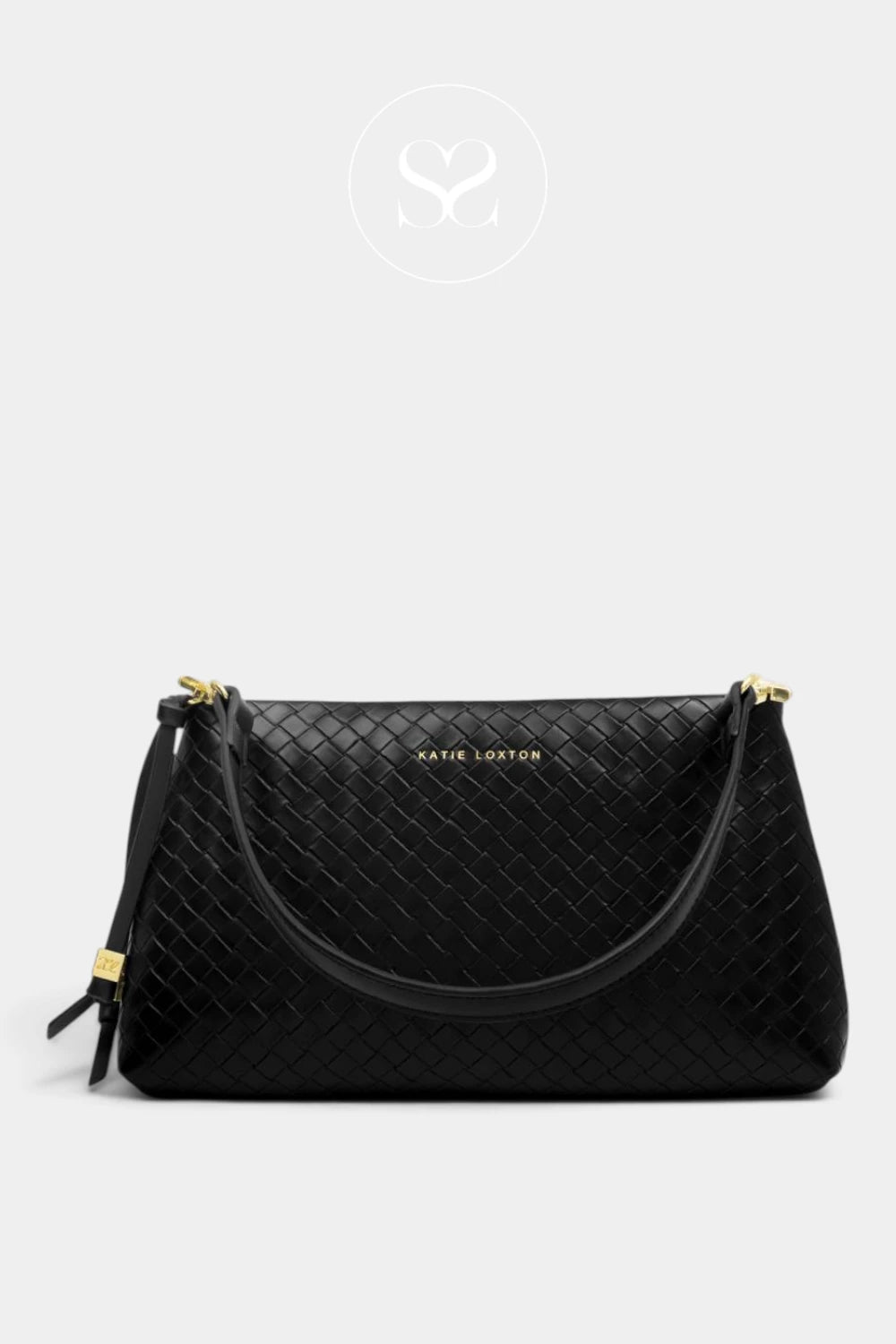 A black woven leather handbag by Jane Lockett with gold-tone hardware and a curved top handle, shown against a light gray background with a faint brand logo above.