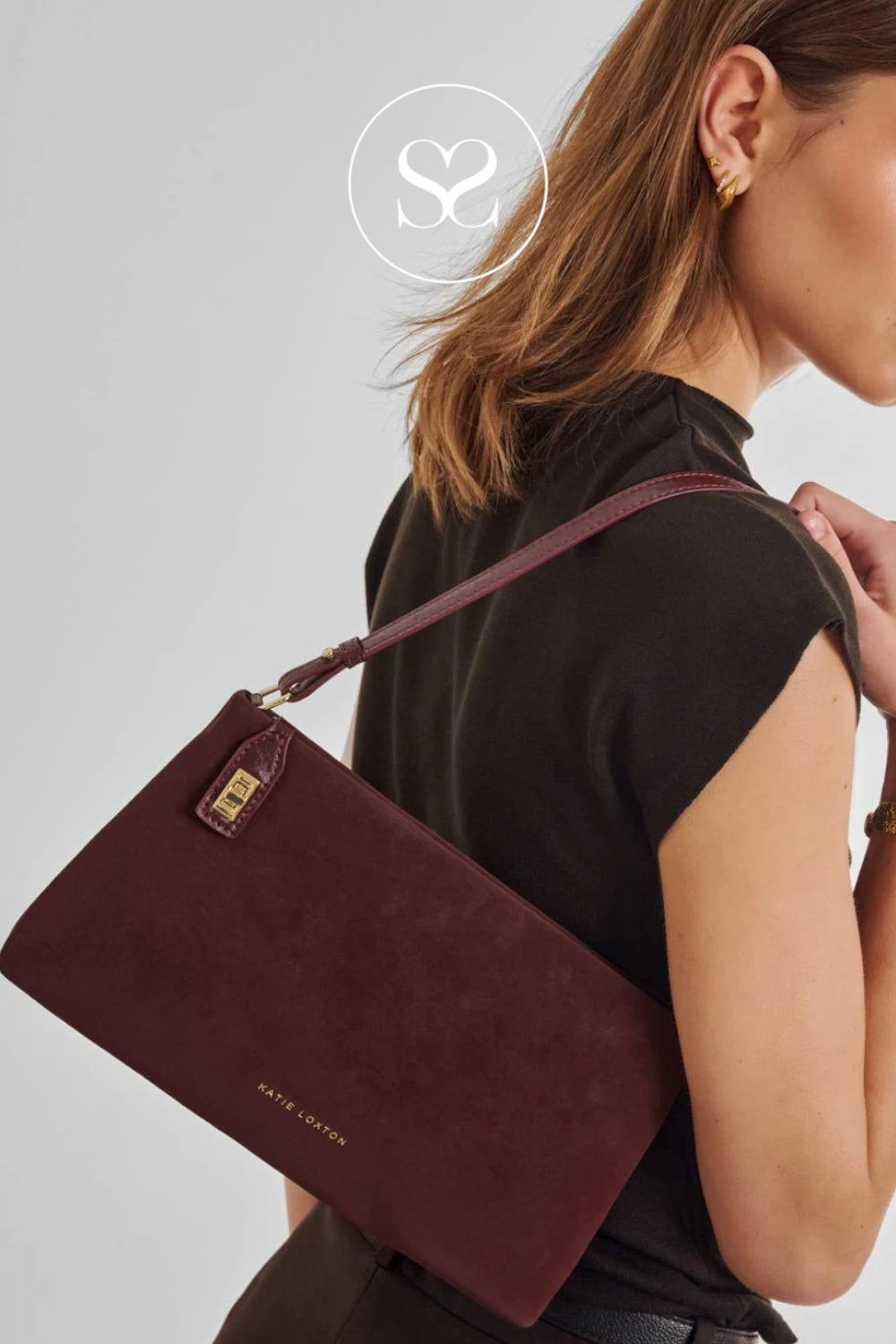 Katie Loxton Wine Suedette Twist Lock Shoulderbag - Orin