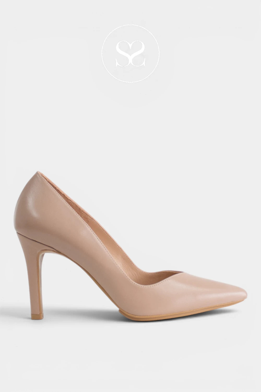 Rabot by Lodi is a taupe patent leather stiletto court shoe with a pointed toe, deep V-cut vamp and 9cm heel, designed for weddings, work and evening occasions.