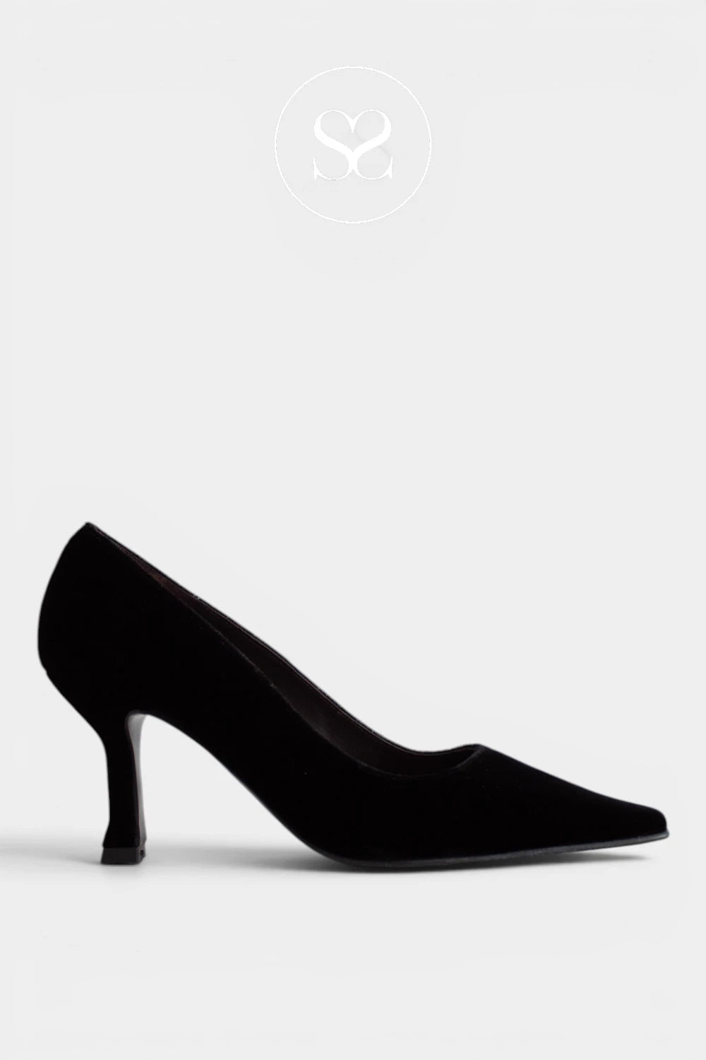 Lodi Pauline court shoe is crafted in black velvet with a square toe and a flared 7cm block heel, designed for evenings out, party dressing and smart occasion wear.