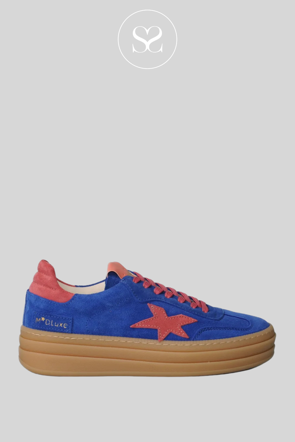 meline platform trainers in vibrant cobalt blue suede with pink details and gum sole