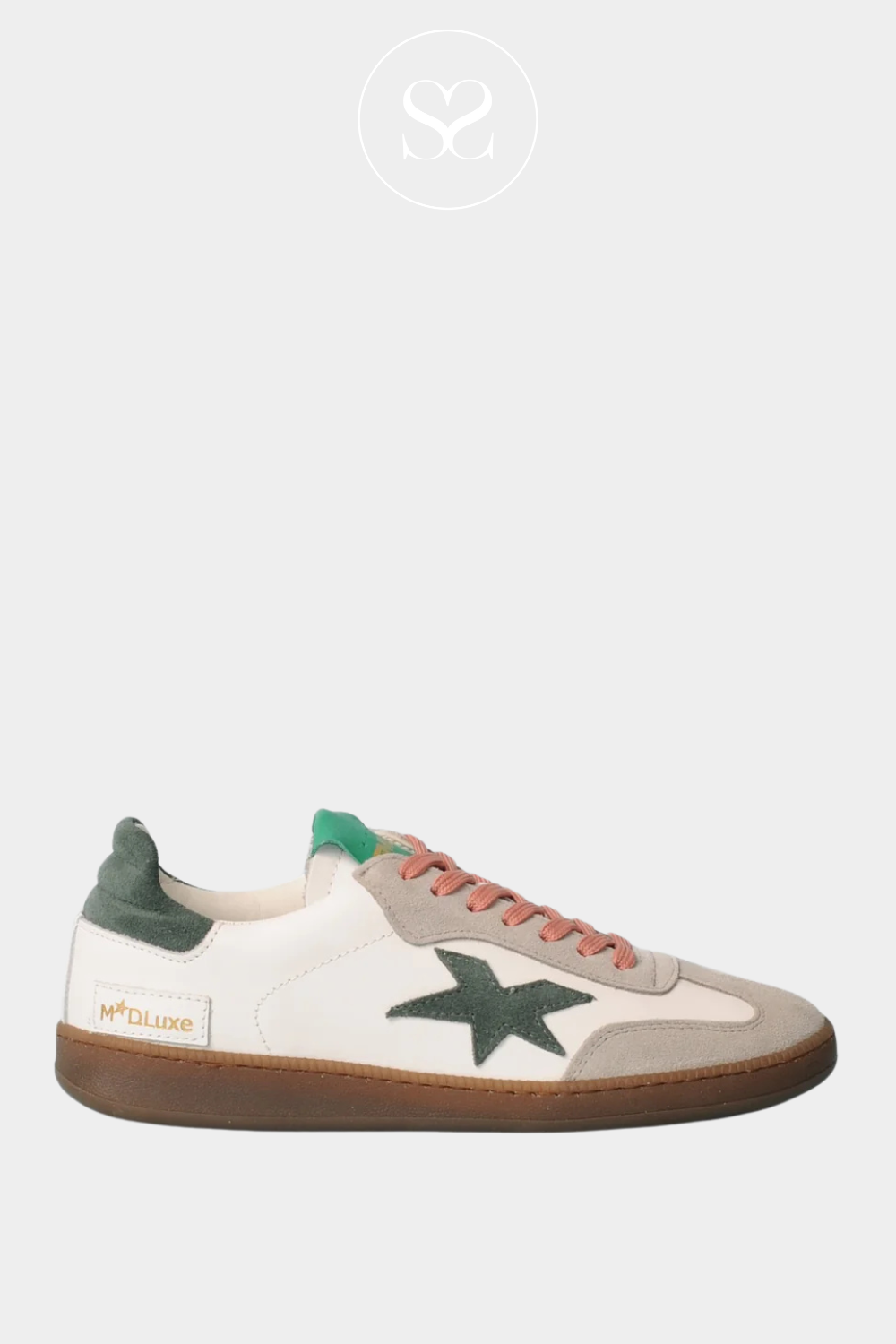 meline low profile trainers in white leather with green details