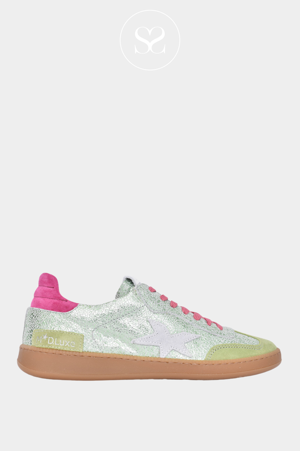 meline low profile trainers in crackled green metallic leather finish