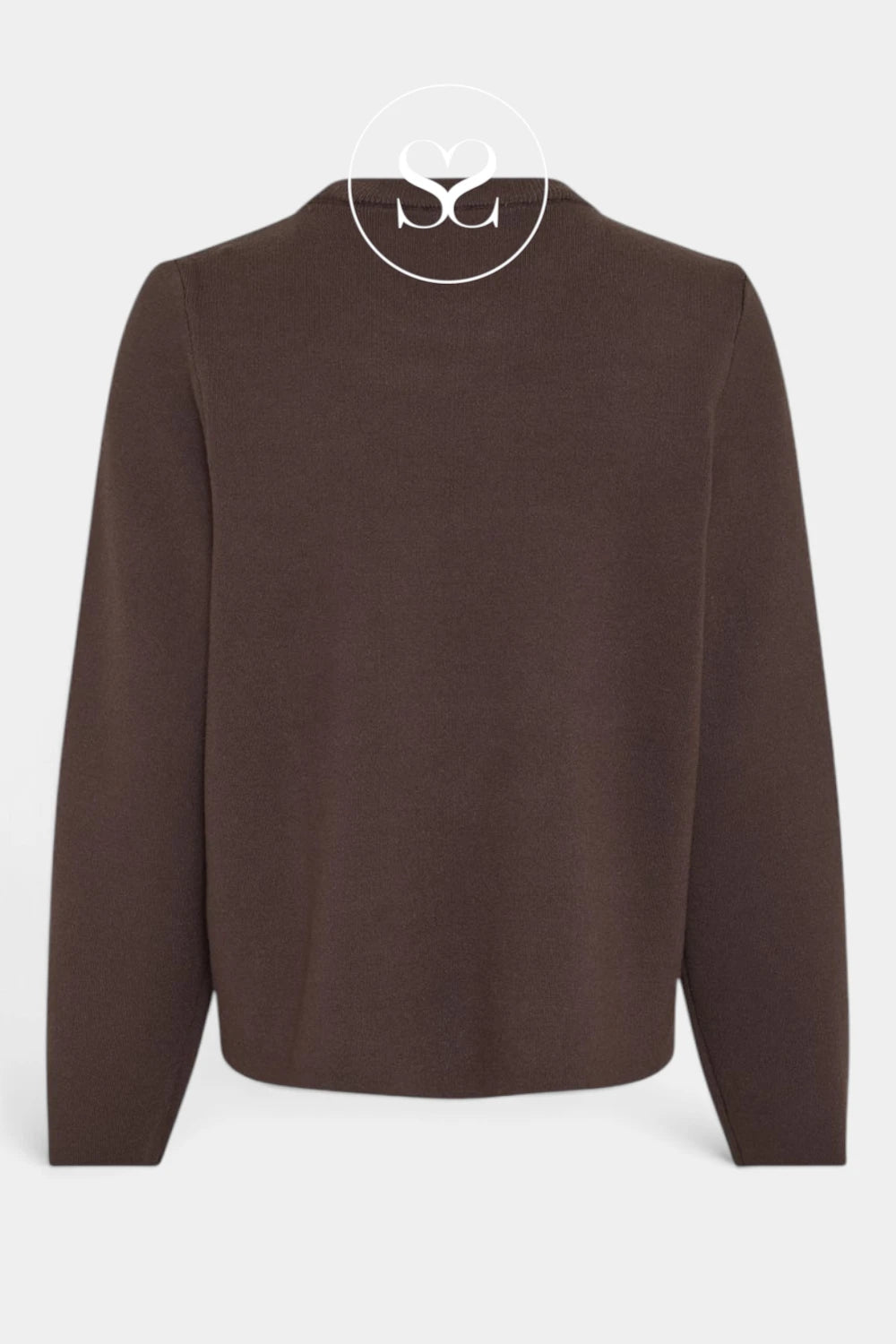 A dark brown long-sleeve knit sweater shown from the back, displayed on a light gray background with a white circular logo overlay at the top.
