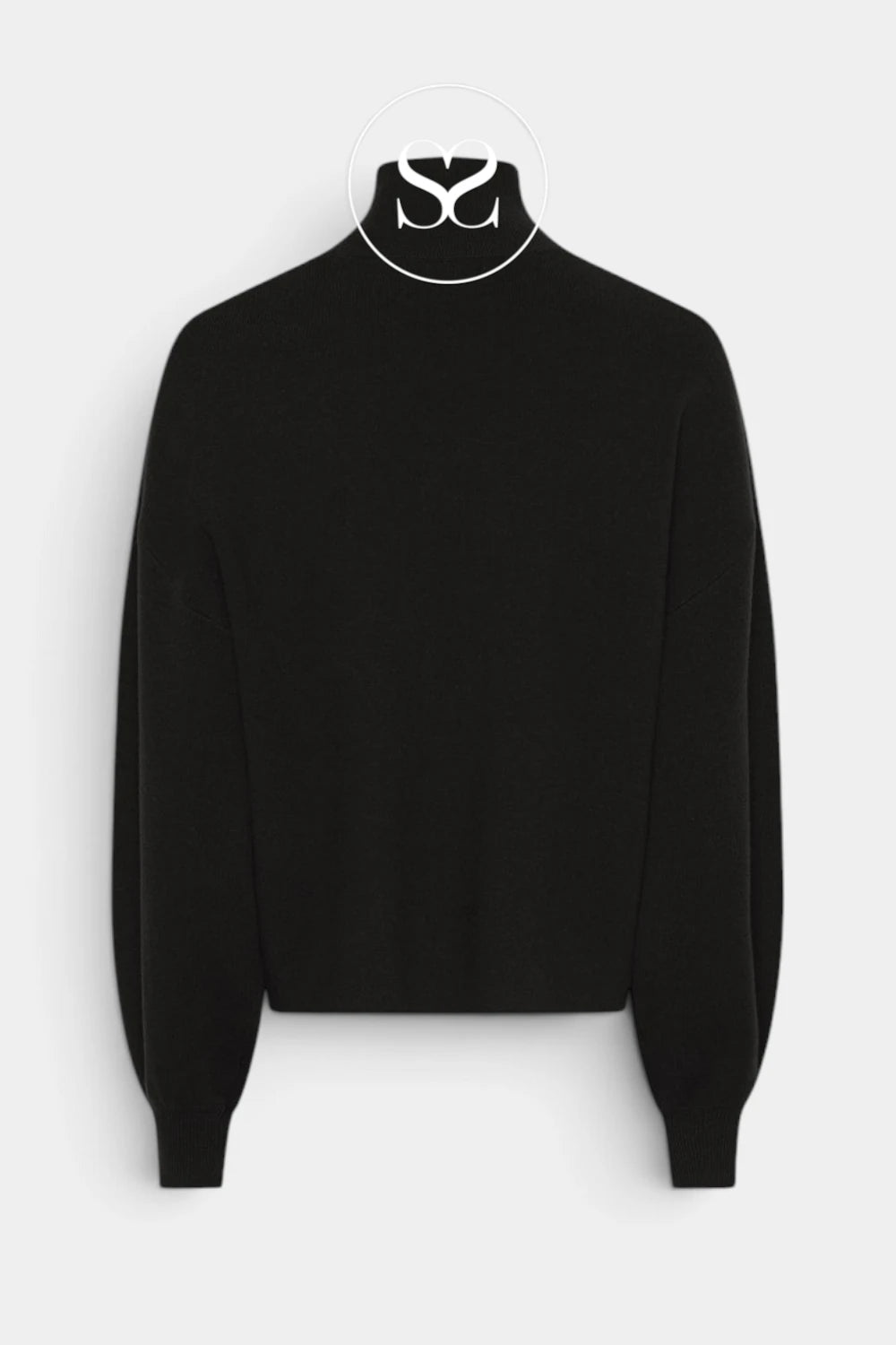 A black knit mock neck sweater displayed on a white hanger against a light gray background.