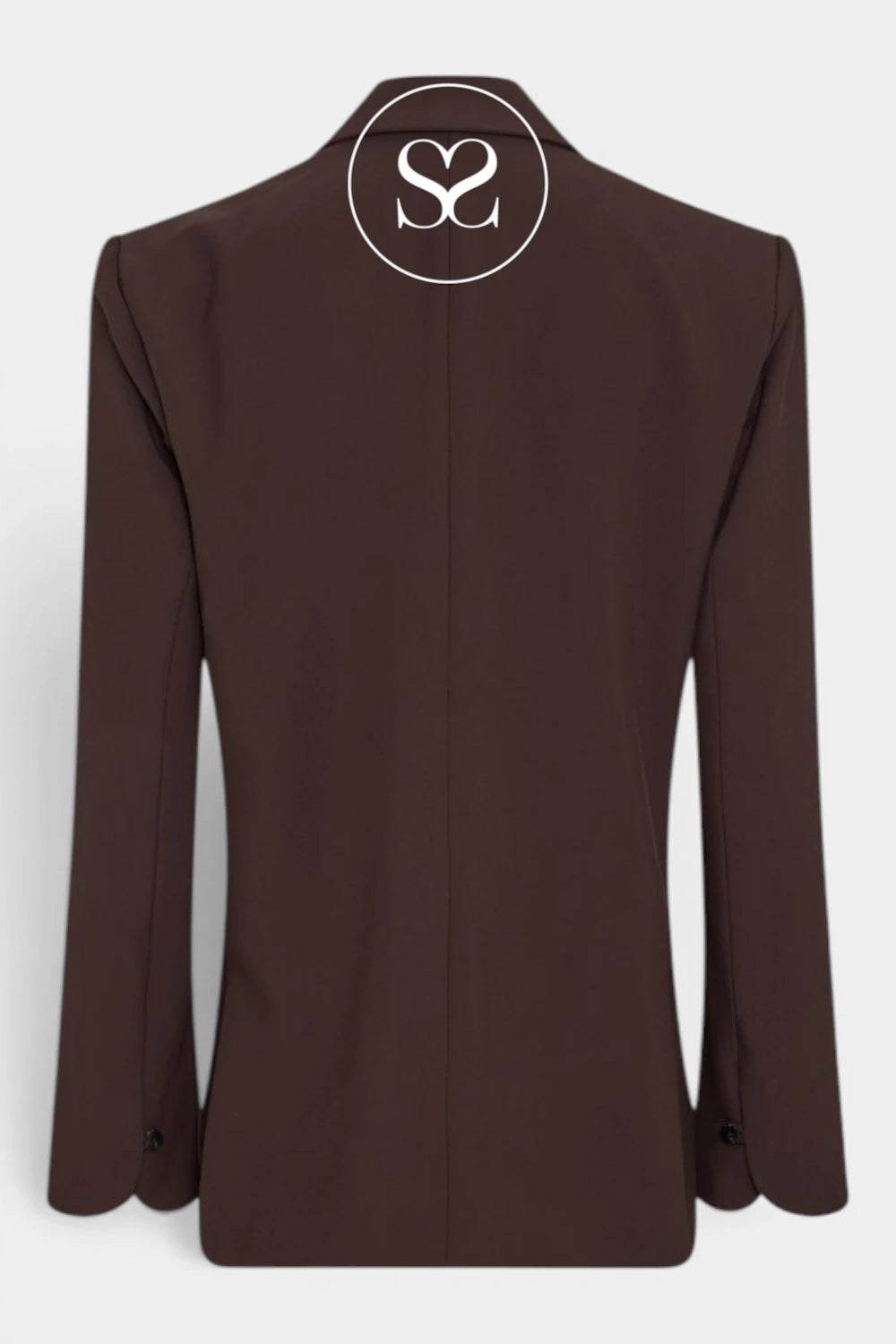 A dark brown long-sleeve blazer shown from the back, featuring a white circular logo with an 'S' and 'C' monogram printed on the upper back, set against a light gray background.