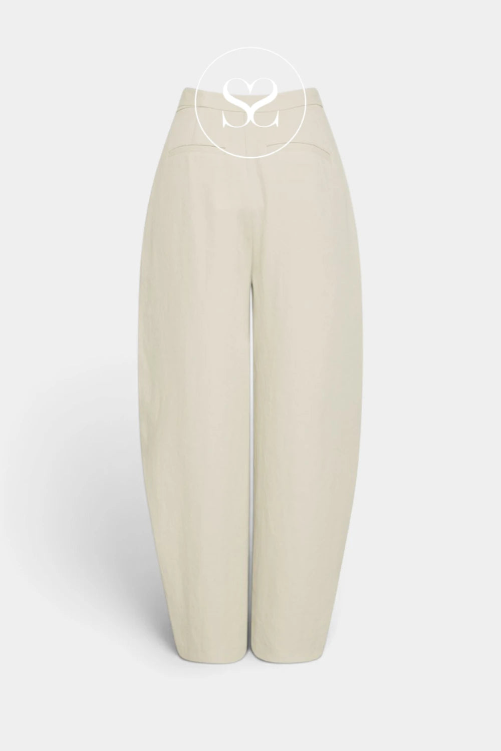 A pair of high-waisted, wide-leg trousers in a light beige or cream color, shown from the back on a light gray background.