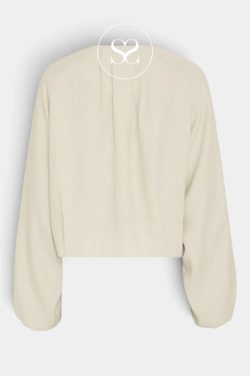 A light beige long-sleeve cropped jacket with a gathered, pleated back detail, shown from the back against a light gray background.