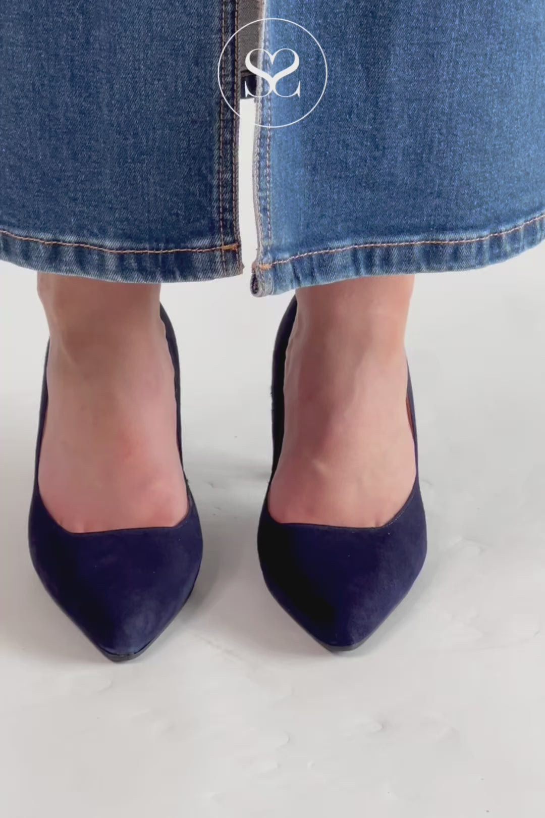 LODI Navy suede pointed toe flared heel court shoes with gel insole GENIUS