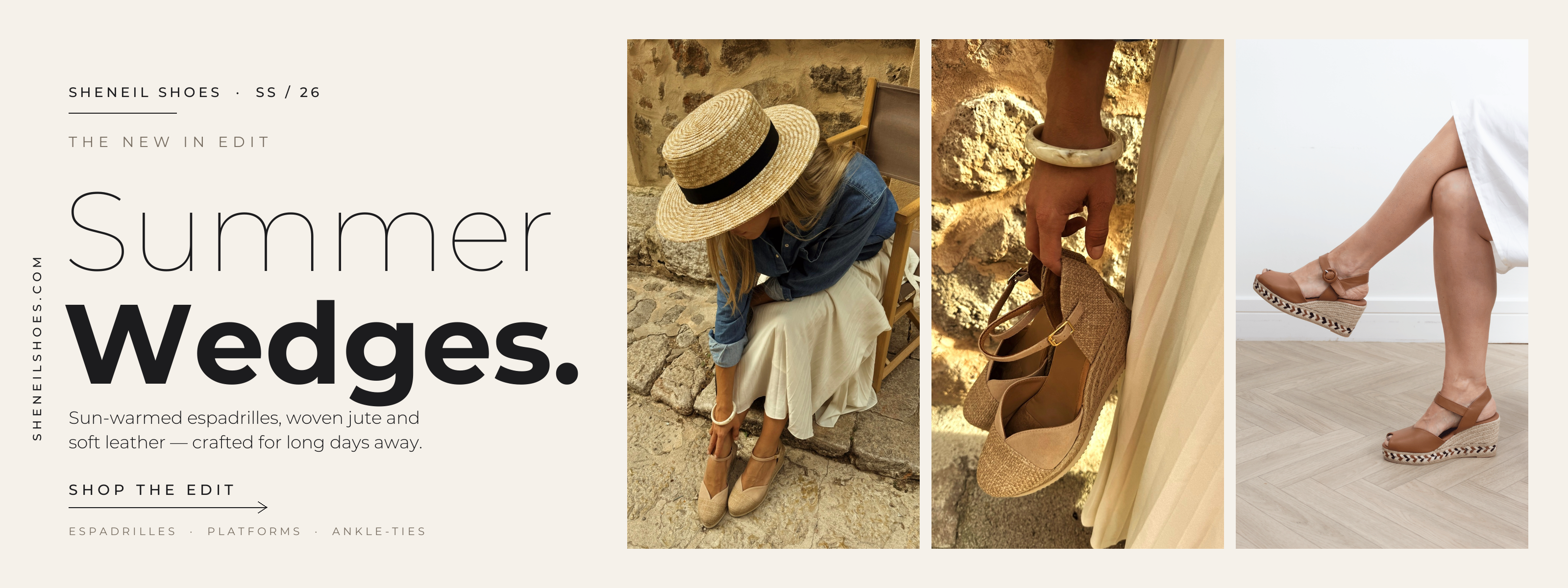Advertisement for summer wedges with images of a woman wearing espadrille sandals, wedge sandals on a wooden floor, and wedge sandals on a person's foot. Text says "summer wedges 2026 at sheneil shoes Galway, Ireland.
