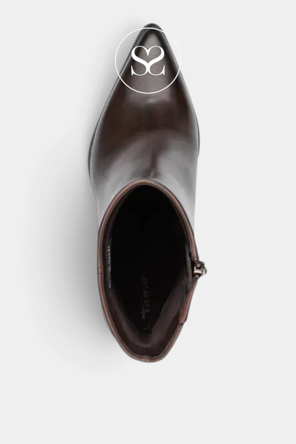 A dark brown leather ankle boot with a pointed toe, shown from a top-down perspective on a light gray background. A white circular logo overlay is positioned near the toe, and the brand name 'TECHNIQUE' is printed inside the heel area.