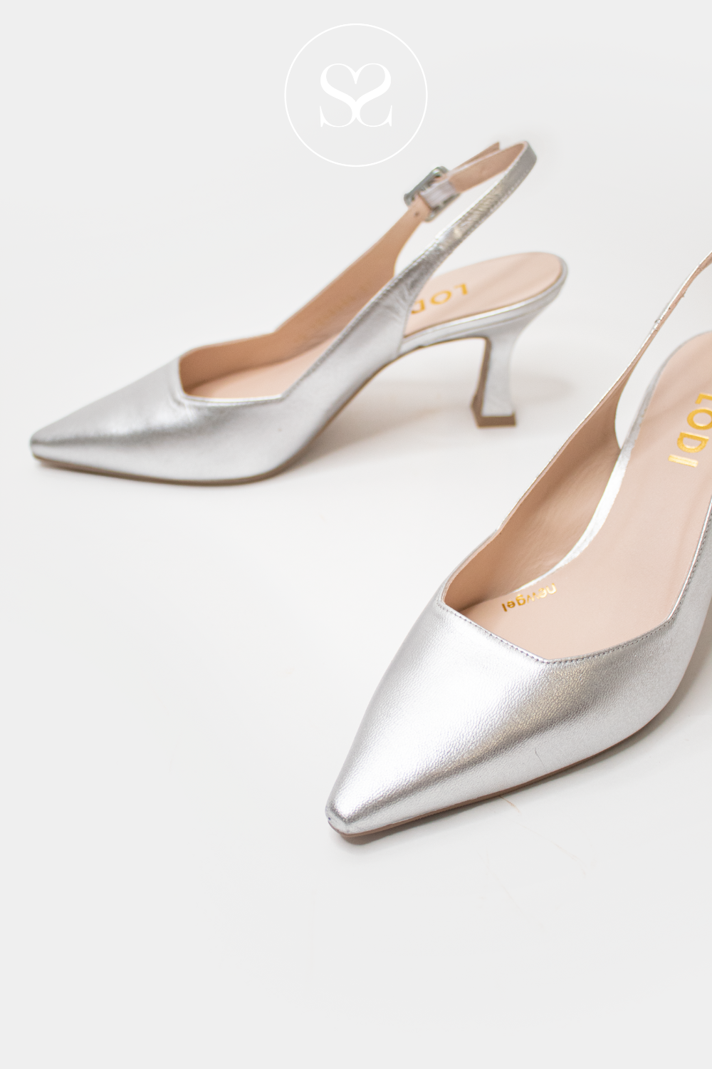 SILVER LODI SHOES WITH FLARED HEEL AND SLING BACK