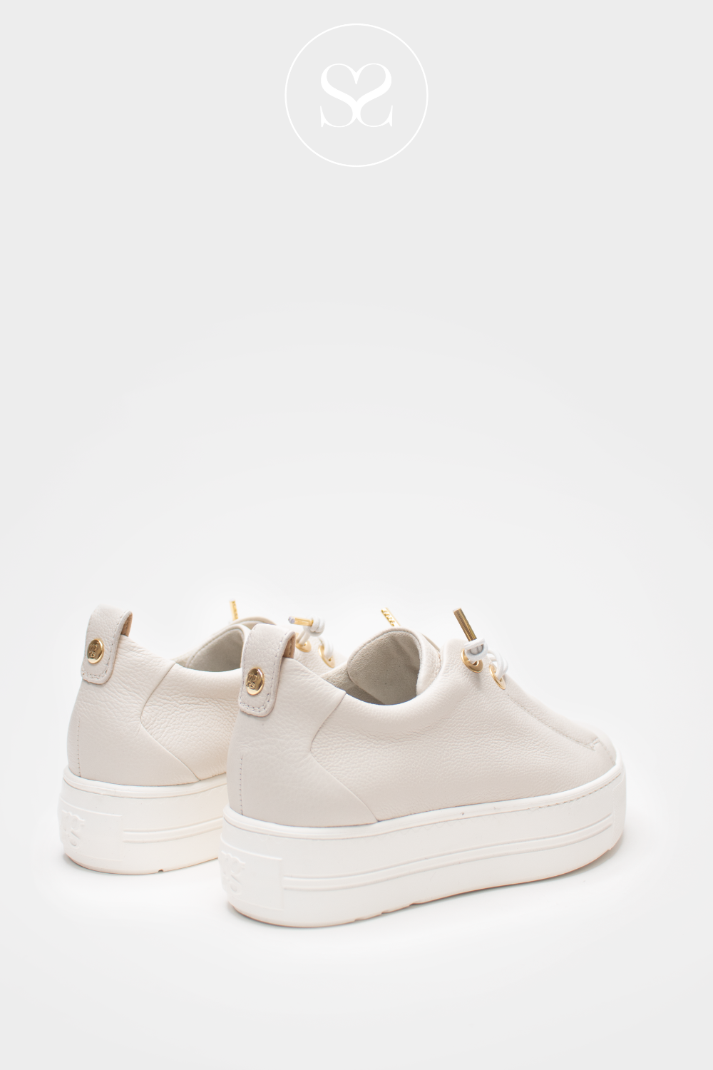 SLIP ON TRAINER STYLE FROM PAUL GREEN IN A SOFT OFF WHITE. COMES WITH A FLATFORM SOLE AND GOLD FINISHINGS. PAUL GREEN SHOE STYLE: 5017