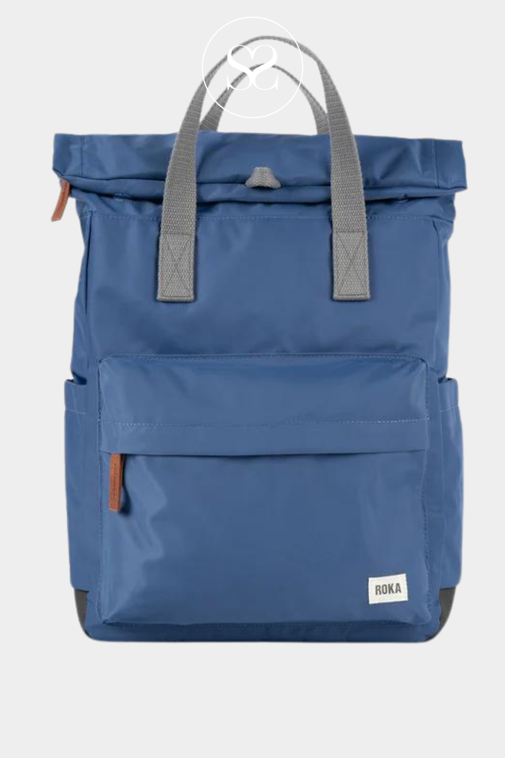 ROKA CANFIELD B WATERPROOF BACKPACK BAG WITH FRONT ZIP POCKET, TWO SIDE DRINKS POCKETS AND GREY STRAP HANDLE
