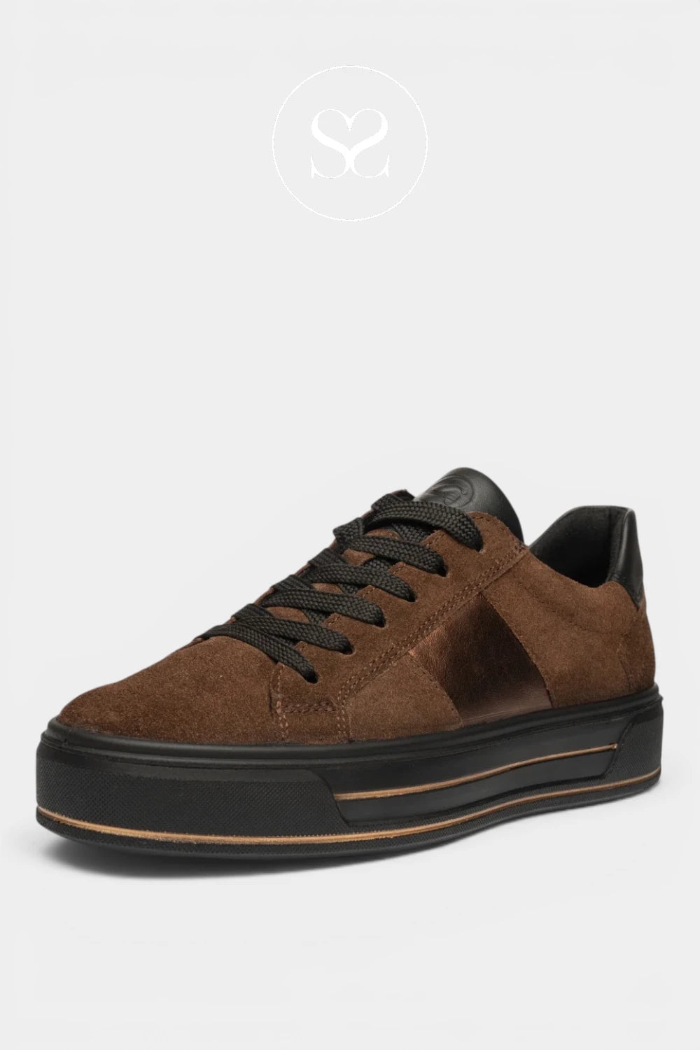 A low-top brown suede sneaker with black laces, a black heel tab, and a chunky black platform sole with a thin tan accent line, shown against a light gray background.