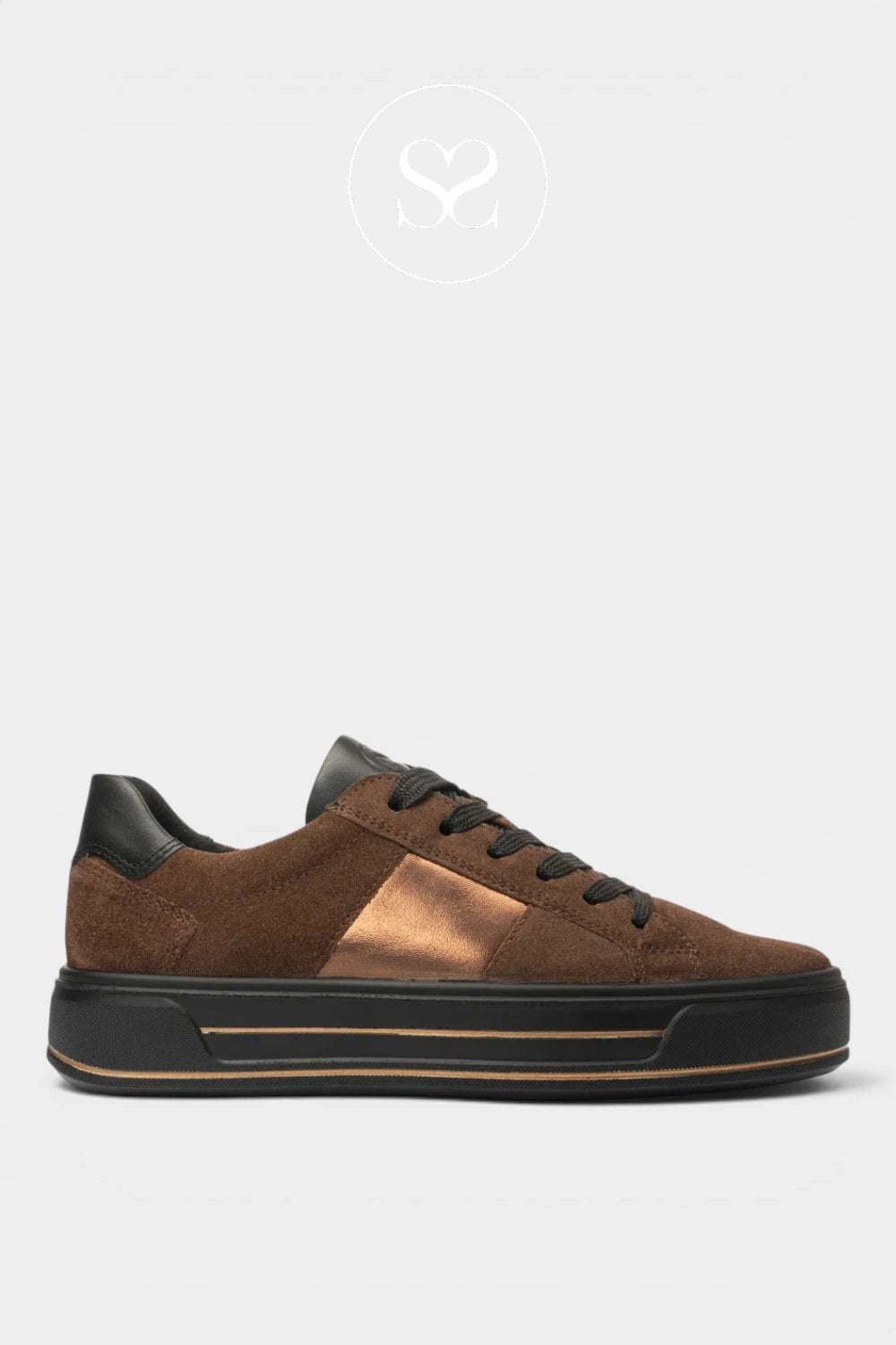 A low-top sneaker in brown suede with a metallic bronze panel on the side, black laces, and a chunky black sole with a thin gold accent line, shown against a light gray background.
