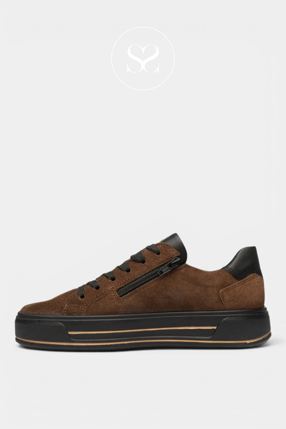 A brown suede low-top sneaker with black accents, including a black side zipper, black laces, and a black sole with a thin tan stripe, shown against a light gray background.