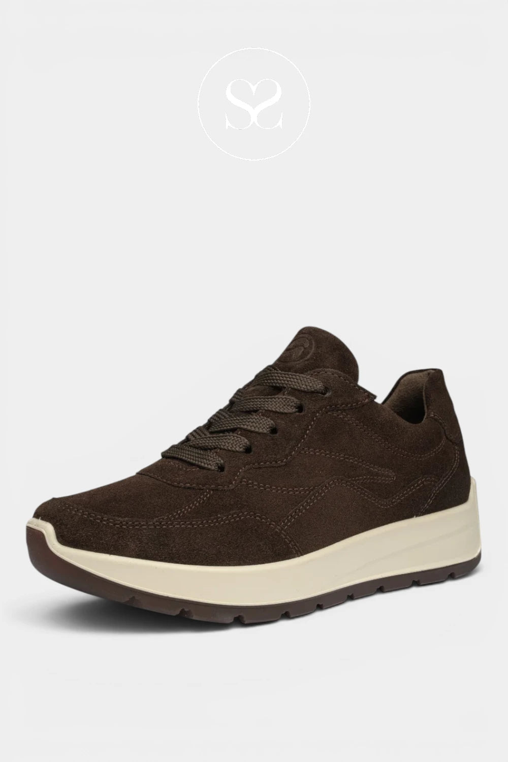 A dark brown suede sneaker with a thick cream-colored midsole and a dark brown outsole, shown from a three-quarters angle on a light gray background.