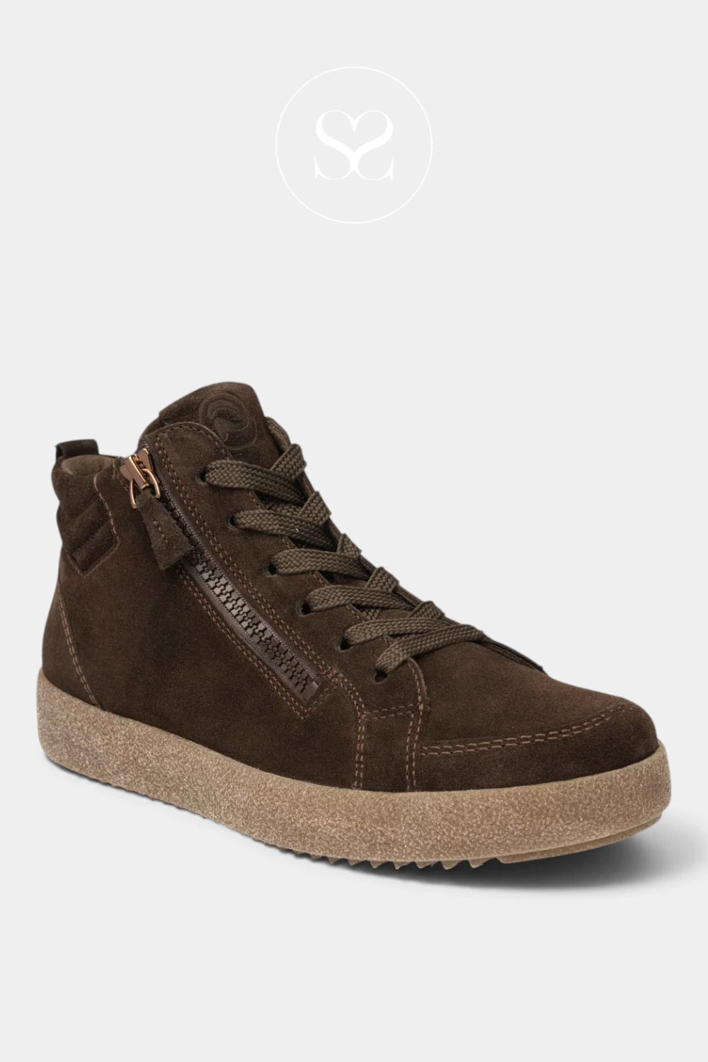 A dark brown suede high-top sneaker with a side zipper, brown laces, and a tan textured sole, shown against a light gray background.