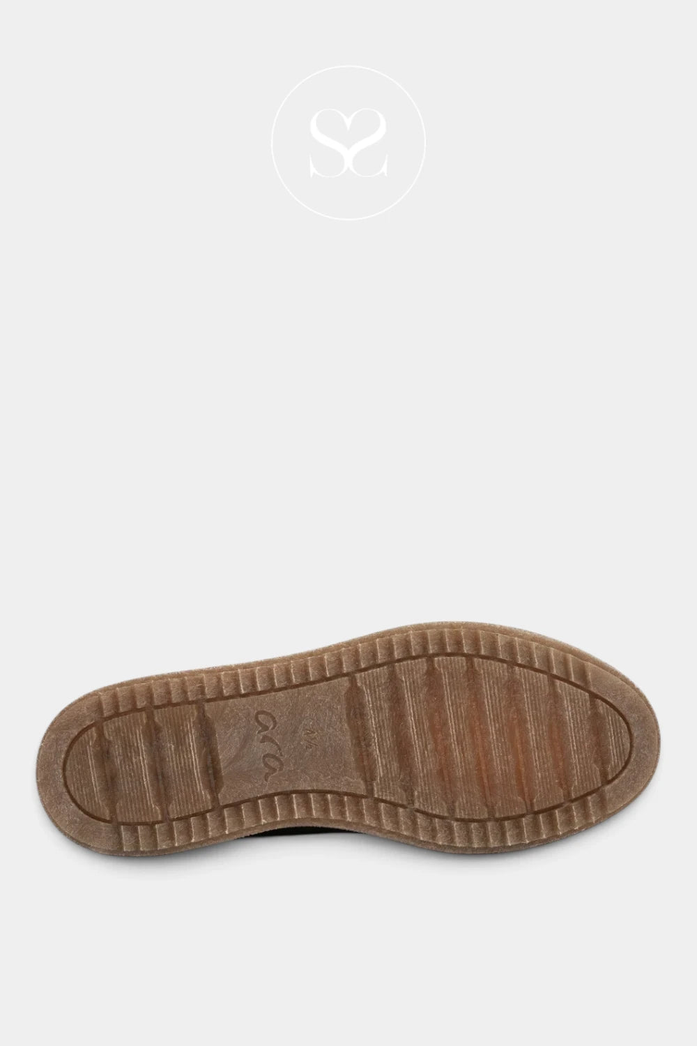 A close-up, top-down view of a brown rubber shoe sole, showing the tread pattern and embossed brand name, set against a light gray background.