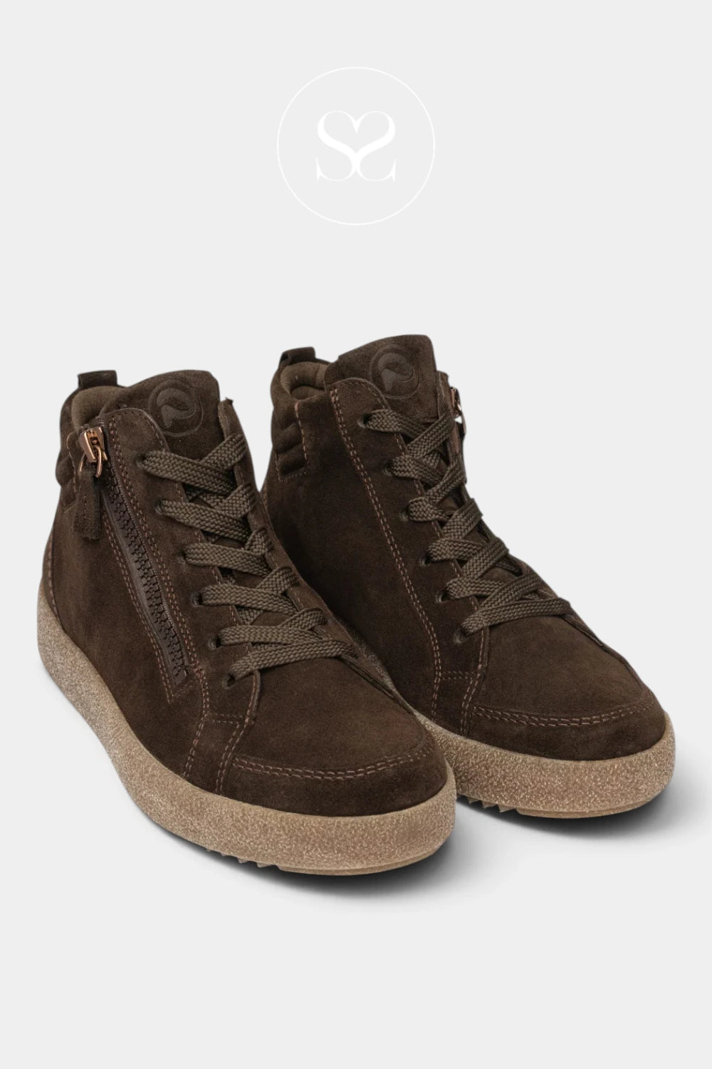 A pair of dark brown suede high-top sneakers with matching laces, a side zipper, and a light tan textured sole, shown on a light gray background.