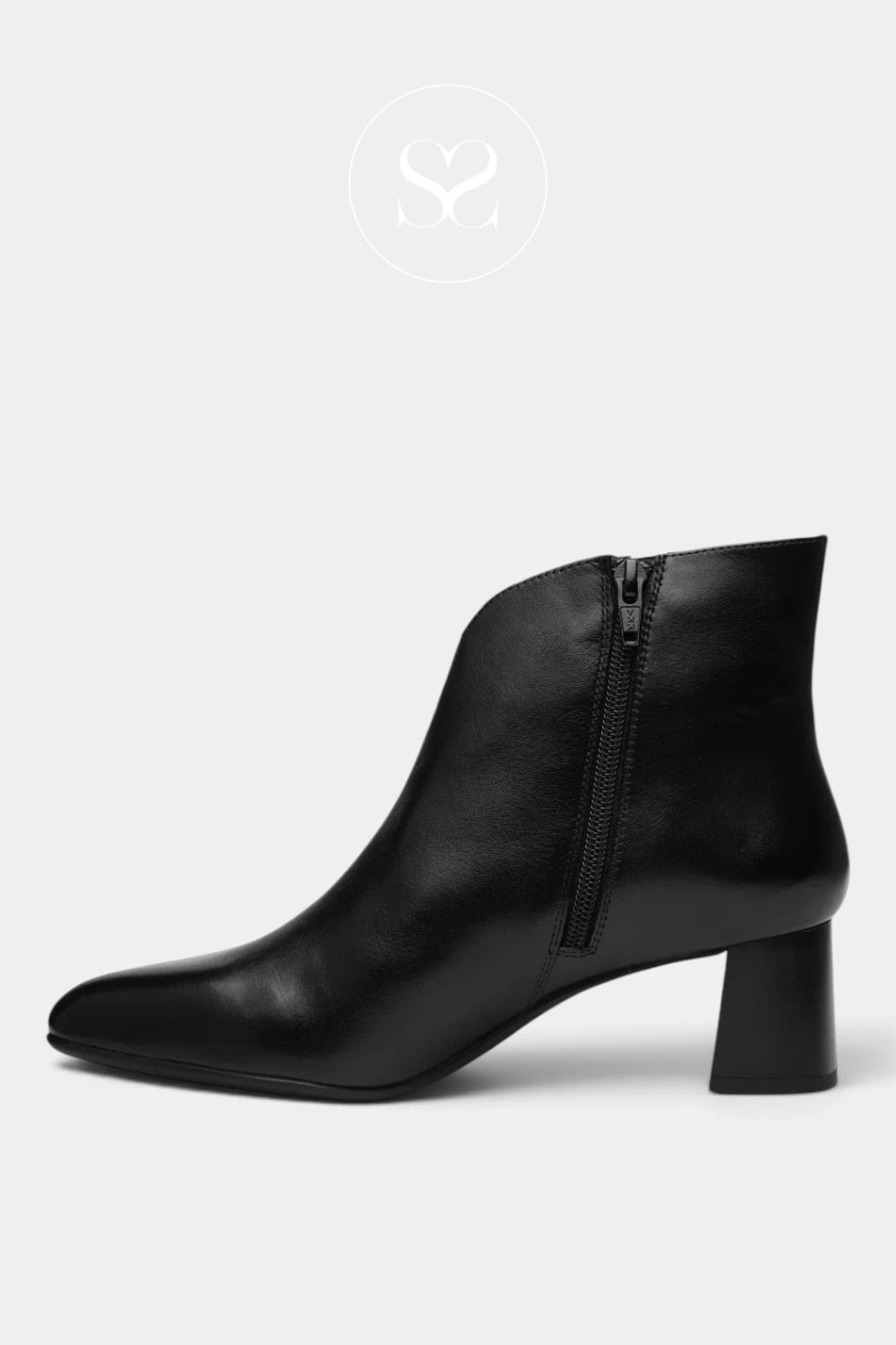 A black leather ankle boot with a block heel and side zipper, shown from a side profile on a light gray background.