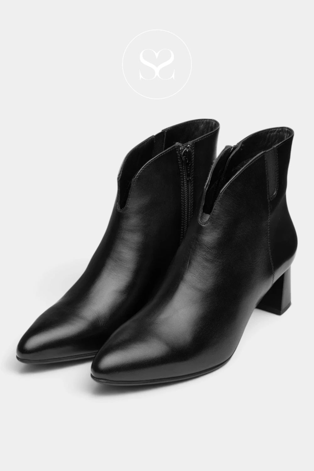 A pair of black leather ankle boots with pointed toes and block heels, shown on a light gray background with a faint circular logo watermark above.