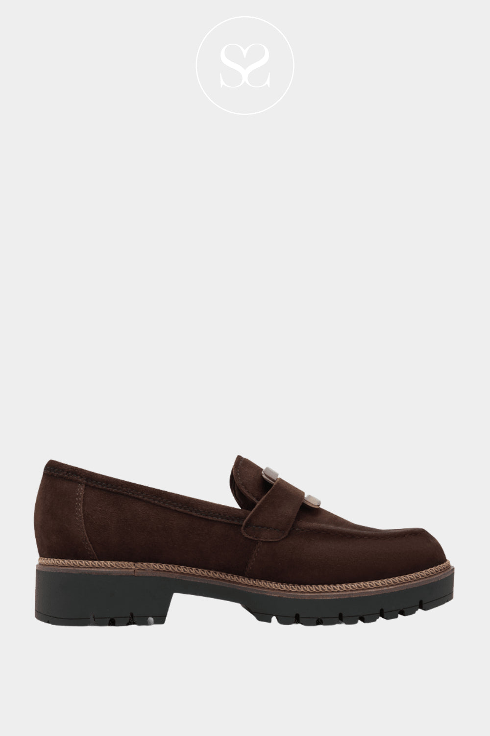brown women's shoes from German brand Tamaris with chunky cleated sole, almond toe and brown resin buckle 