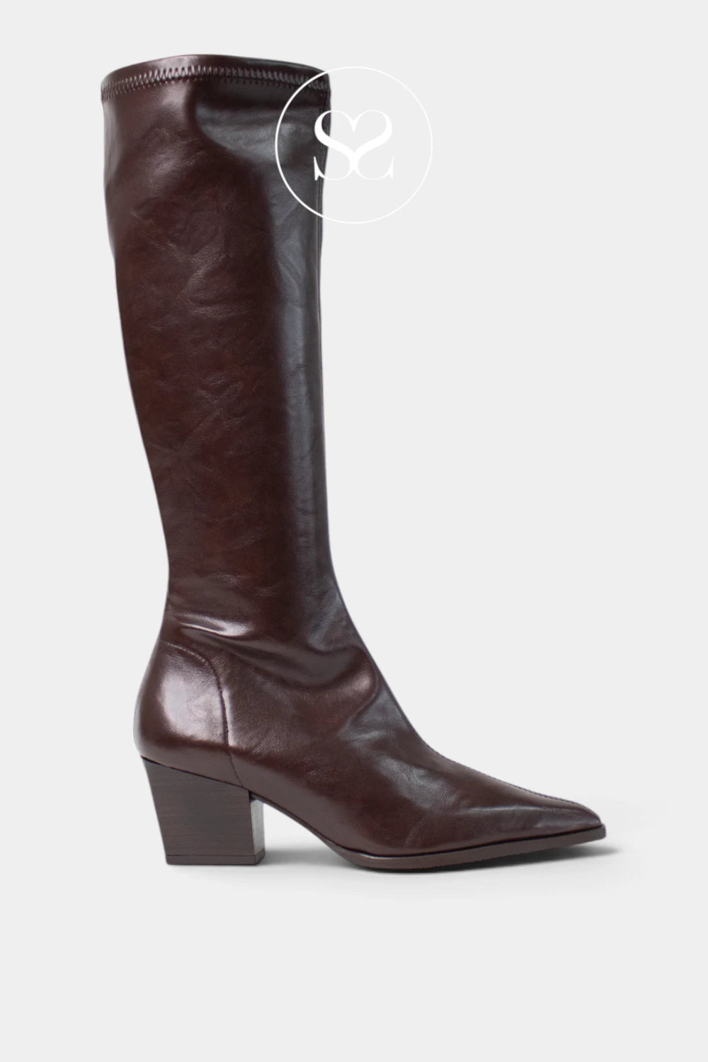 Miss Elastic Chocolate Brown Knee High Sock Boots with cuban heel and pointed toe - 78150