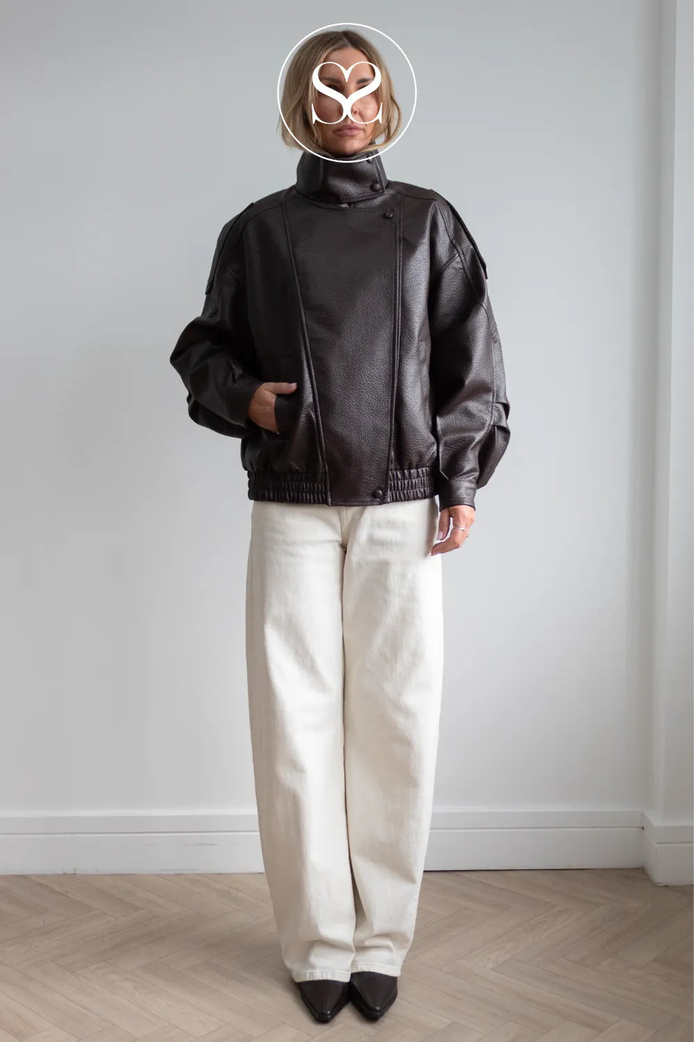 Chocolate Brown Funnel Neck Leather Jacket -CV2200