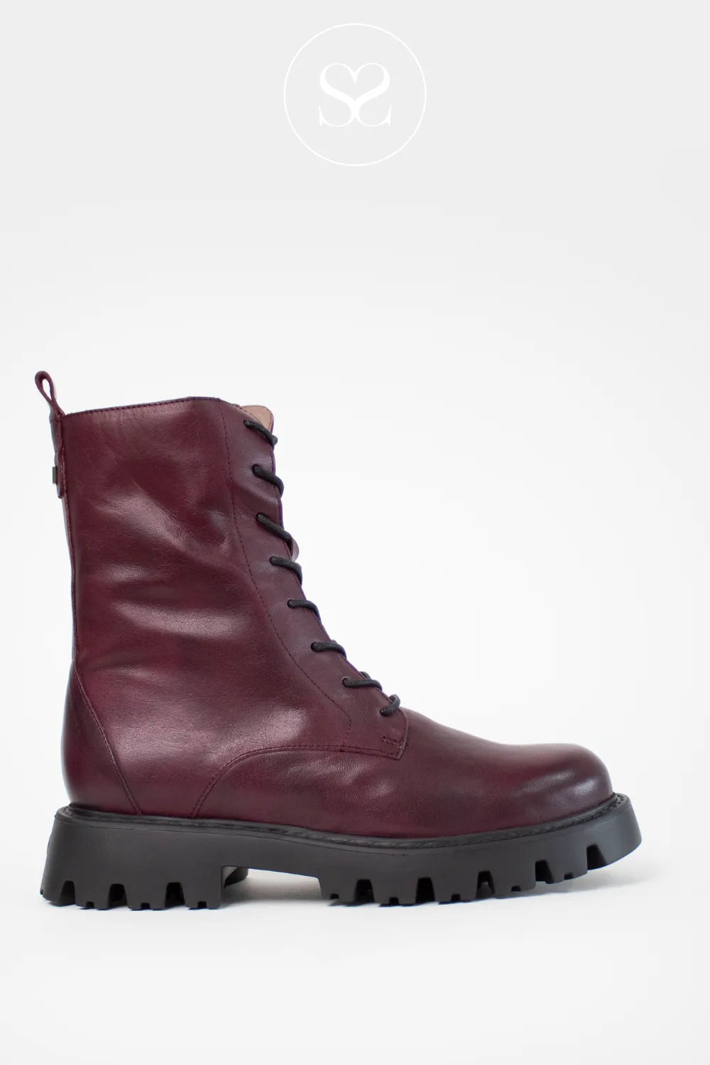 WONDERS WINE LACE UP MILITARY STYLE BOOTS C-7510 FOR WOMEN CHUNKY SOLE LACE UP BOOTS WITH INSIDE ZIP