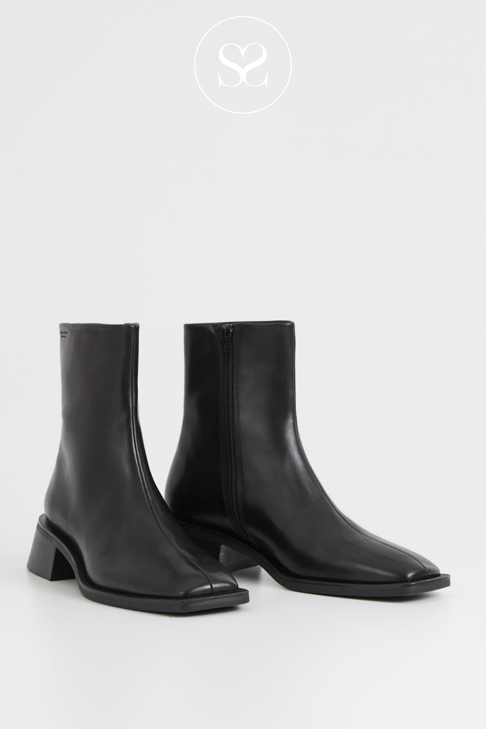 Sleek black leather ankle boots with low block heel and square toe - perfect for every day
