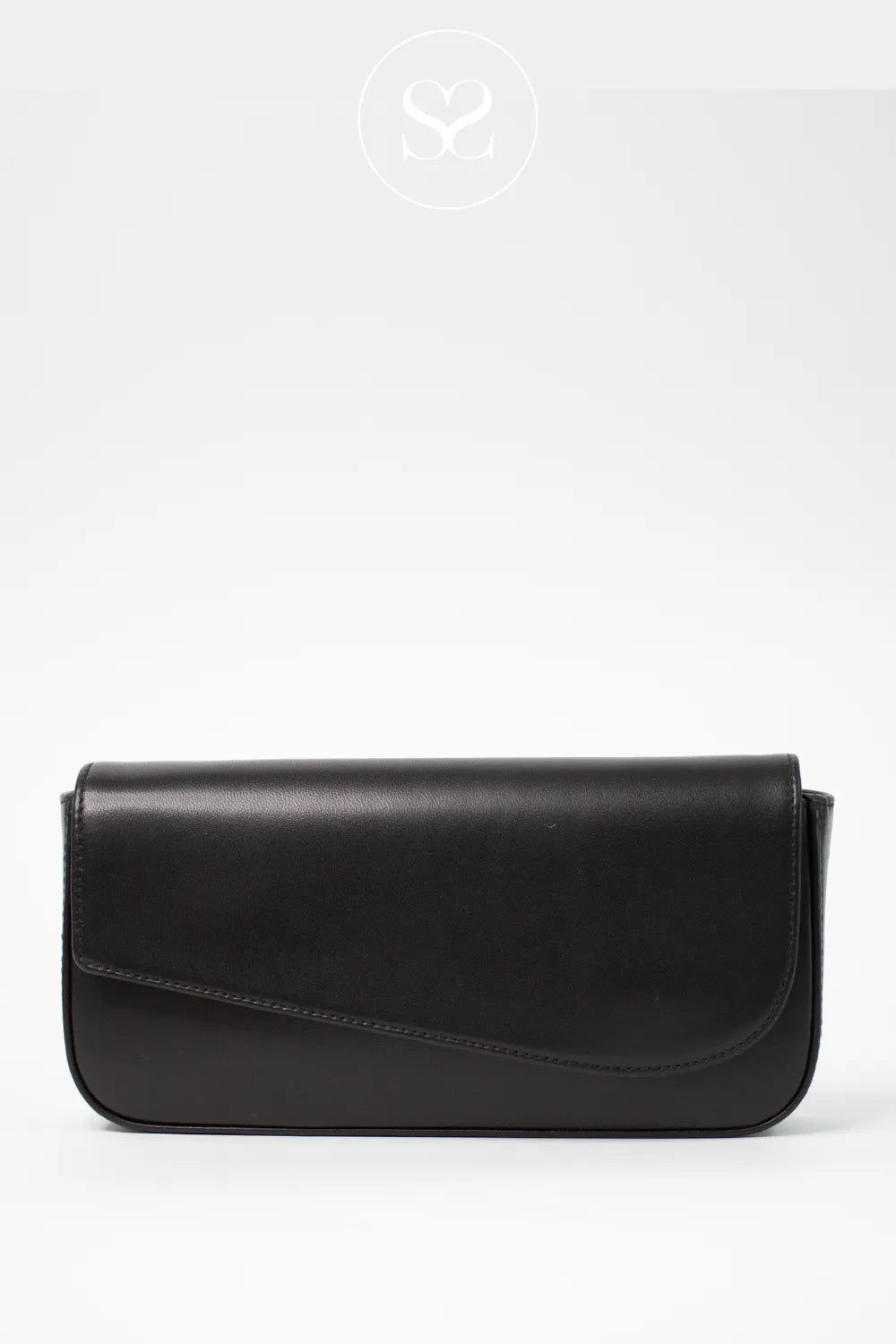 Unisa black leather clutch bag with adjustable crossbody strap.